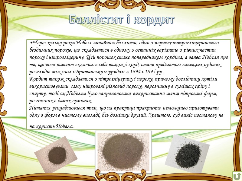 Баллістит і кордит  Через кілька років Нобель винайшов баллісти, один з перших нитроглицеринового